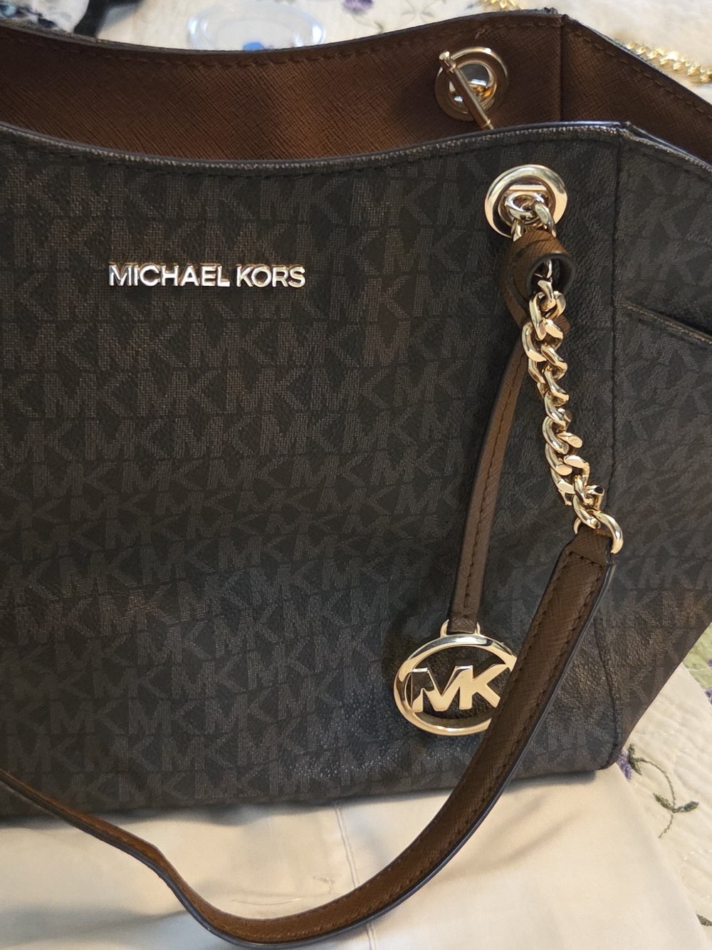 Michael Kors Dark Brown MK Monogram Tote with Gold Hardware